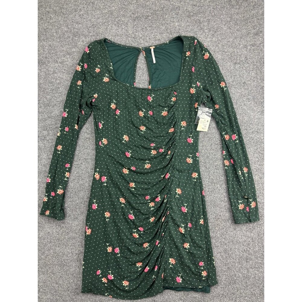 Free People Dress Womens Large Green Floral Ruched Square Neck Long Sleeve Mini
